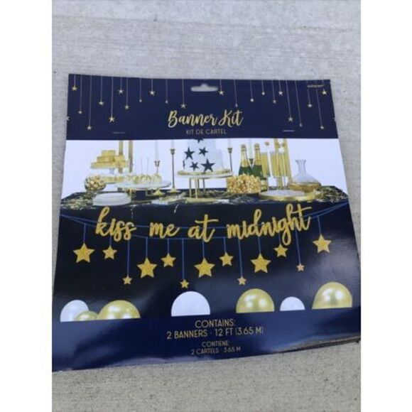 NEW YEAR'S EVE BANNER "Kiss Me at Midnight" 12 ft. Long Each. Contains 2 - Picture 1 of 7